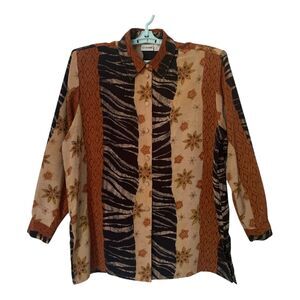 Liz Baker Blouse 2X Brown Polyester Shirt Work Officecore Business Church Artsy